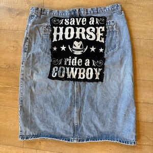 Y2K faded glory denim skirt DIY panel on back “save a horse ride a cowboy” 14